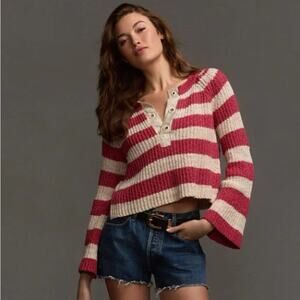 Anthropologie Pilcro Bell-Sleeve Henley‎ Sweater Striped Eyelet Knit Cropped M